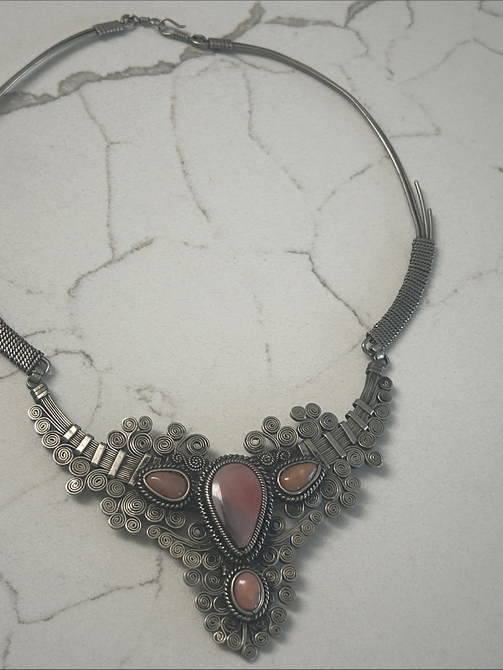 Handcrafted Silver Statement Necklace with Pink Cabochon Stones